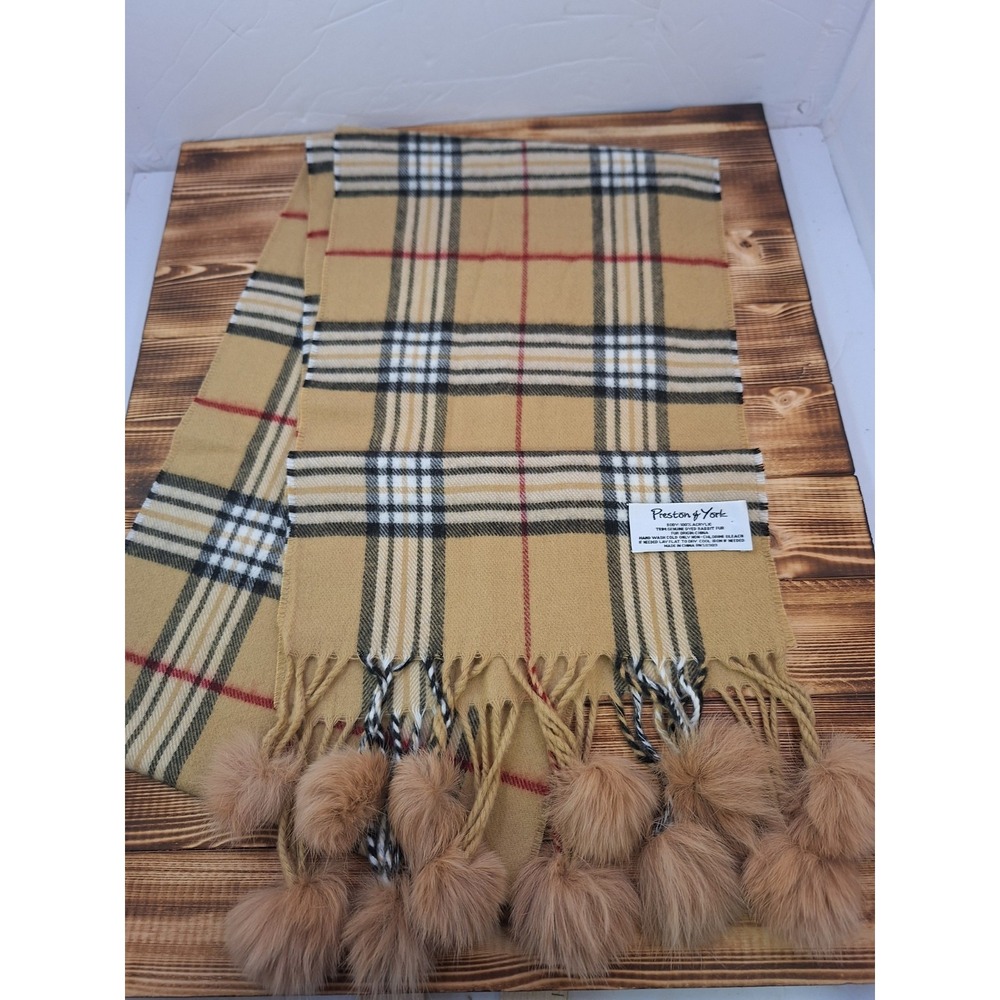 Preston & York Women's Plaid Multicolor Rabbit Fur Pom Pom‎ Scarf 10"x 64"